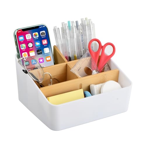 Organizador de Escritorio Bambú, Soporte Bolígrafo Escritorio con 5 Compartimentos, Portalápices Mesa Plástico y Madera, Caja de Almacenamiento para Oficina Cosméticos Controles Remotos (Blanco)