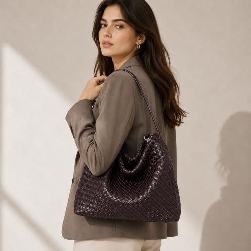 Image of Women's Braided Suede Tote Bag Stylish Suede Hobo Shoulder Bag with Woven Details for Work Travel