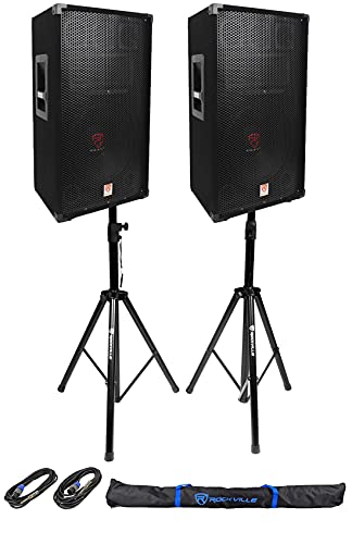 (2) Rockville RSG12 12 3-Way 1000 Watt 8 Ohm Passive DJ PA Speaker +Stands +Cables