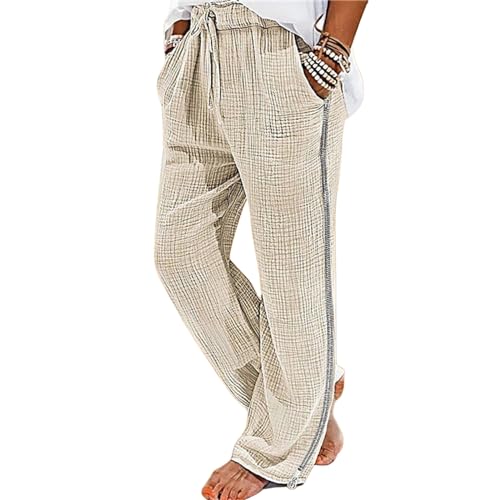 Linen Long Pants for Men Casual Loose Cotton Trousers Trendy Beach Pant Elastic Waist Drawstring Bottoms with Pocket