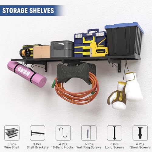 Image of Garage Wall Shelf, Heavy Duty Garage Shelving, 46 inchX 12.5 inch Wall Mounted Shelves, Metal Floating Storage Rack with 4 Hooks, Utility Organizer Max Load 160 LBS for Laundry Room, Basement, Workshop