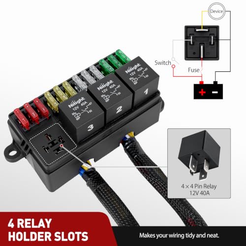 Image of Nilight 12V Fuse Relay Box 4 Relays 4pin 40A 12 Fuses Pre-Wired Block Kit