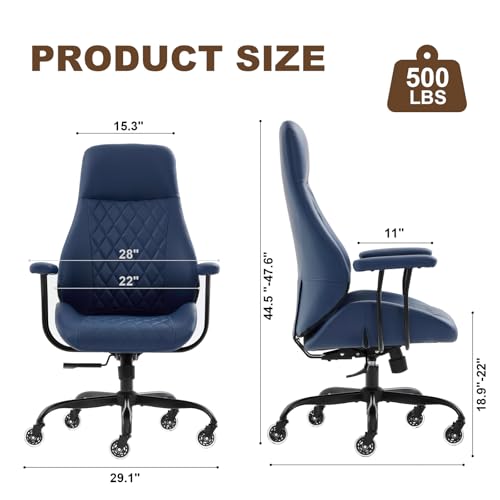 Image of E-Motie Leather Office Chair, Mid Century Modern Desk Chair, Blue | Ergonomic, Lumbar Support, 360 Swivel & Rolling Wheels, Adjustable Height, for Adults & Women