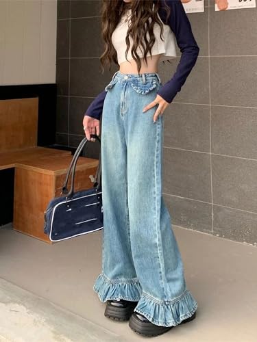 Dawery Flare Jeans Women Baggy Washed Vintage Streetwear Full Length Tender High Waist Retro Denim Trousers2