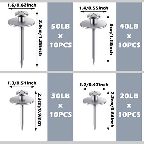 Image of Zhengmy 40 Pcs Double Headed Picture Hangers Nails 4 Size Long Thumb Tacks Wall Nails for Hanging Pictures Decorative Push Pins Hooks for Drywall Photo Office Home Decor, 20 /30 / 40 / 50lb(Silver)