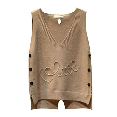 Strickweste Damen Ärmellos Elegant Pullunder mit Knöpfen V-Ausschnitt Strickpullover Seitenschlitzen Tank Top Adretter Stil Strickpullunder Stricken...