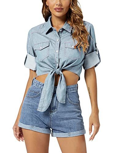 Women's Tie Front Chambray Shirts Roll Up 3/4 Sleeve Button Down Crop Denim Tops 1 Light Blue 4XL