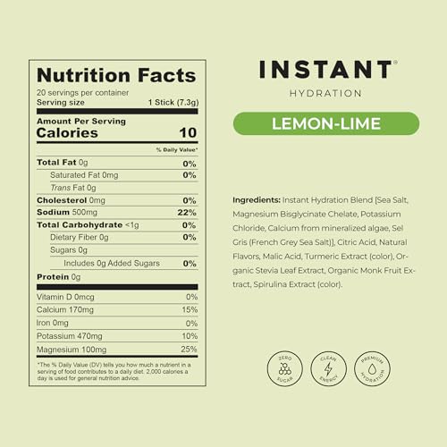 Image of Instant Hydration Sugar Free Electrolytes Powder Packets - Lemon Lime Electrolyte Drink Mix & Travel Essentials - Post Workout Recovery, Brain Health, Muscle & Tissue Support - 20 Sticks