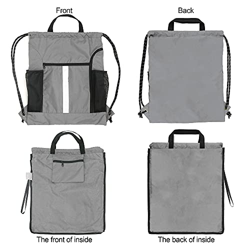 Image of BeeGreen Grey Drawstring Bag Pack Gym Sackpack w Shoe Compartment Two Water Bottle Holder Portable String Sinch Sack for Gymnastic Athletic Beach Travel