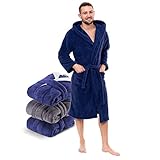 Twinzen - Morgenmantel Herren Kuschelfleece und Flauschig mit Kapuze (L, Dunkelblau) - OEKO-TEX® - Mikrofaser(100% Polyester)