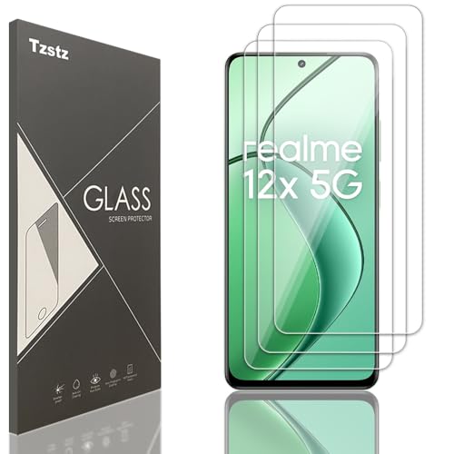 Tzstz 3 piezas vidrio templado protector de pantalla para Realme 12x 5G/Realme C65 4G/5G 6.67' Dureza 9H Anti Arañazos HD película protectora de pantalla
