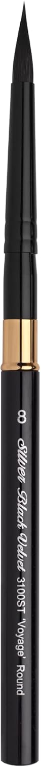 Silver Brush Limited 3100ST-8 Black Velvet Voyage Travel Brush Round Paintbrush for Watercolor, Gouache, Inks, & Dyes, Size 8, Short Handle