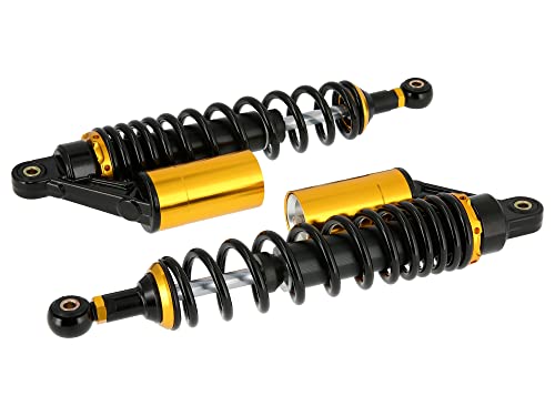 Set: Tuning-Federbeine 360mm, mit externen Ausgleichsbehälter, Schwarz/Gold - für Simson S50, S51, S70 Set: Tuning-Federbeine 360mm, mit externen Ausgleichsbehälter, Schwarz/Gold - für Simson S50, S51, S70