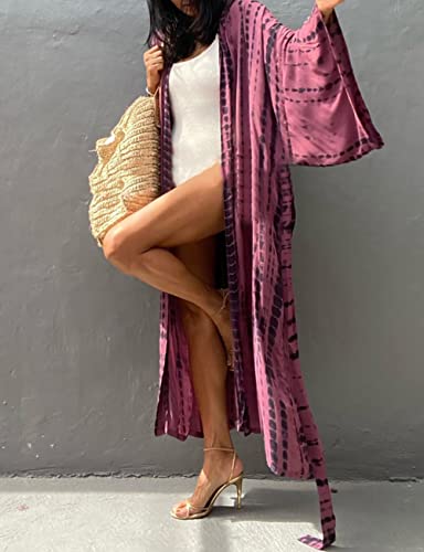 Image of Bsubseach Stylish Tie Dye Open Front Long Kimono Swimsuit Coverup for Women
