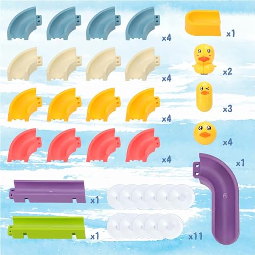Image of Kidology Small Duck Slide Track Bath Toys, Bathtub Fun Construction Toy Game for Kids, Slide with Tiny Yellow Ducks (40 Pcs Set)