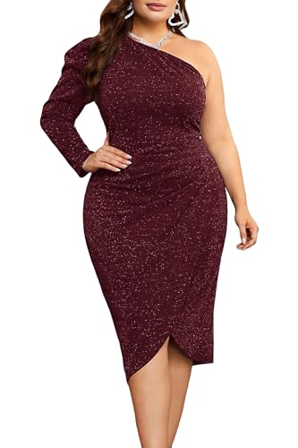 Robe de cocktail froncée à paillettes grande taille chic bordeaux femme