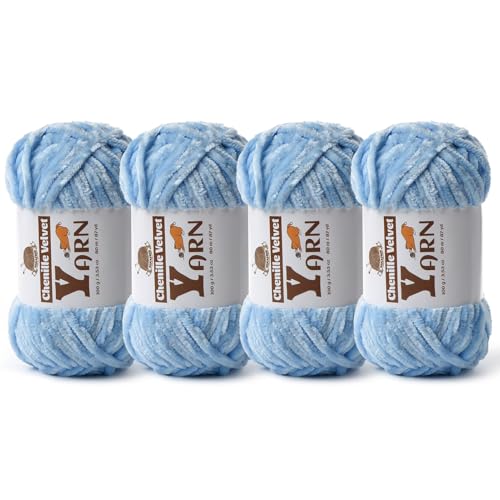 Image of 4 Pack Plush Chenille Chunky Yarn - Fluffy Velvet Yarn Crochet for Blanket Knitting and Crocheting - Soft Baby Yarns for Crocheting - Amigurumi Crochet Yarns 100g (87yds) (4 Azure)