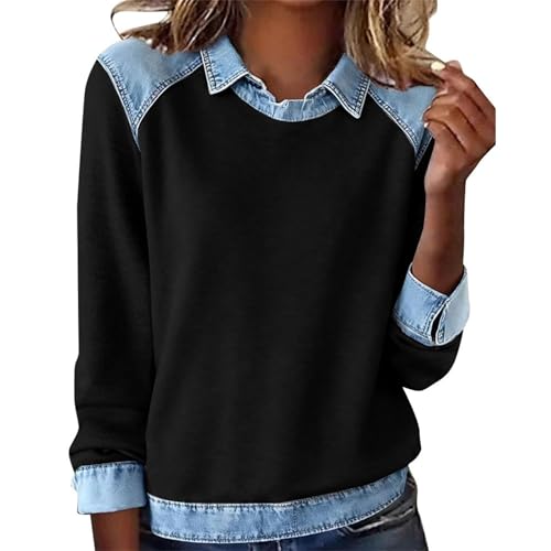 Color Block Denim Shirt Women Dressy Casual Patchwork Collared Shirts 2 in 1 Vintage Lapel Sweatshirt Pullover Tops Black M