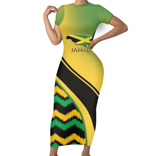 Image of Womens Short Sleeve Jamaican Flag Midi Bodycon Dress