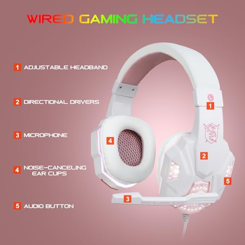 Image of BlueFinger RGB Gaming Keyboard and Backlit Mouse and Headset Combo, USB Wired Backlit Keyboard, LED Gaming Mouse Set, Headset with Microphone for Laptop PC Computer Game and Work (White & Pink)