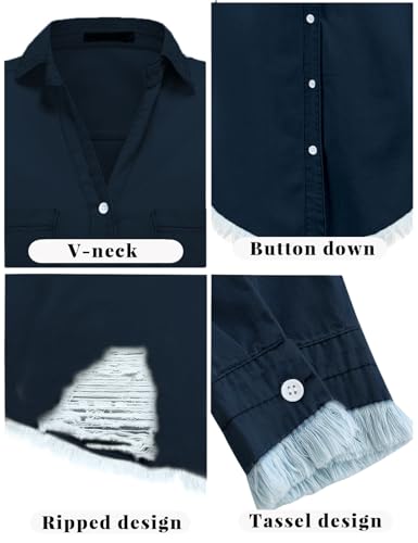 Image of Zilcremo Women Denim Dress Long Sleeve Button Down Jean Shirt | Chambray Casual Tunic Top,Distressed,Fringe Hem,Loose Fit,Mini Length,Country Concert Outfits,Daily Wear,for Spring and Fall