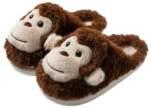 WMYDHCGD Monkey Animal Slippers for Women Cute Plush Home Warm Winter Indoor Shoes (Beige Adult Women 8.5 Numeric Range US Footwear Size System 9 Medium)