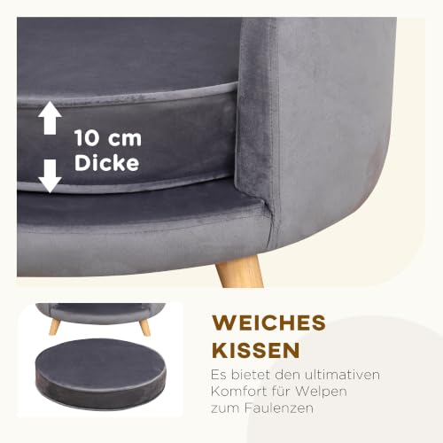 PawHut Hundesofa, Haustiersofa mit Samtoptik, Katzensofa mit Kissen, Hundebett, Hundecouch mit Erhöhtem Design, Hundesessel mit Holzbeine, Grau, 68 x 68 x 35 cm