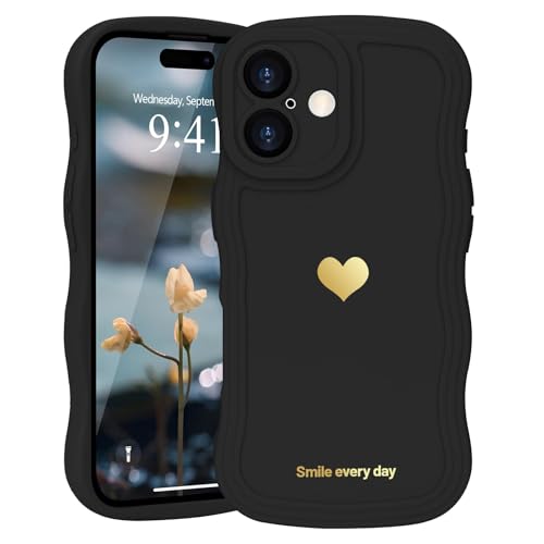 LAPOPNUT for iPhone 17 Case Cute Heart Simple Wave Frame Case Aesthetic Design Solid Color Girls Women TPU Silicone Slim Phone Cover for iPhone 17 6.3 Inch,Black