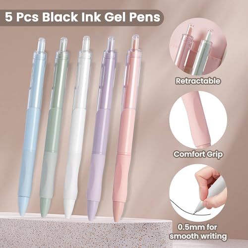 Image of Large Capacity Pencil Case Pouch with 5 Black Gel Pens (Pink plaid) | Expandable, Water-resistant, 4-compartment design, Versatile, Quality materials, Cute style, 0.5mm gel pens