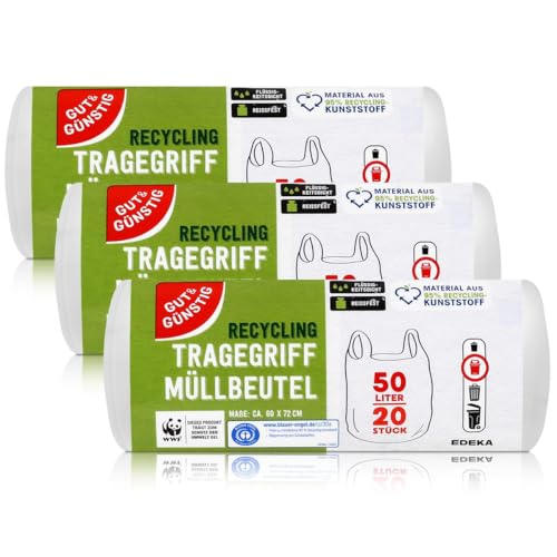 Gut & Günstig Tragegriff Müllbeutel 50L (20 Stück) - 3er Pack - Reißfest & Flüssigkeitsdicht - (3 x 20 Stück)