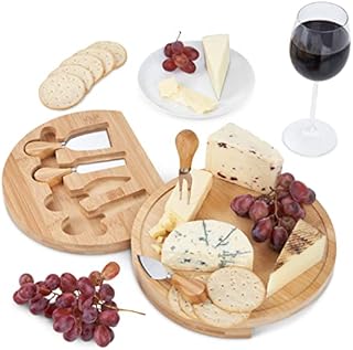 SA Products Bamboo Cheese Board Set - Round Wooden Platter, Swivel Cutlery Storage & 4 Cheese Steel Knives - Party & Picnic Serving Tray or Charcuterie Boards - Cheese Board Gift Set - 25x25x3.5cm
