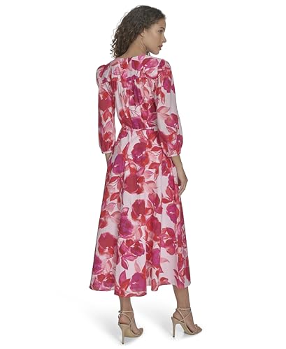 Image of Calvin Klein Women's 3 /4 Balloon Sleeve V-Neck Tie Waist Fit & Flare Midi Dress
