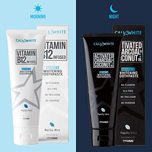 Cali White Morning & Night Time Organic Toothpaste Combo Pack - Activated Charcoal Toothpaste To Remove Stains At Night & Natural Whitening Toothpaste With B12 To Increase Energy Levels #TOP1