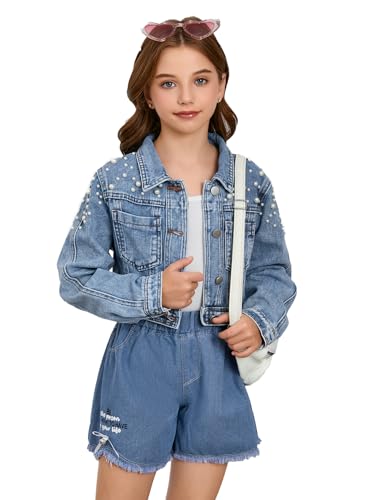 WDIRARA Girl's Beaded Denim Jacket Button Down Collared Long Sleeve Jeans Jackets Y2K Outerwear