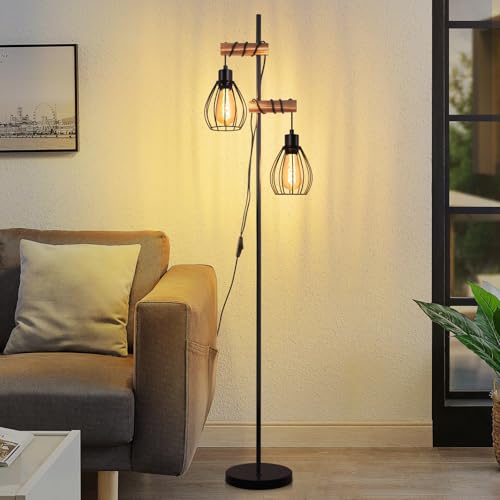 ZMH Lampadaire pour salon, vintage noir en bois, lampadaire industriel en métal E27, 2 lumières avec abat-jour en cage 152 cm (sans ampoule)