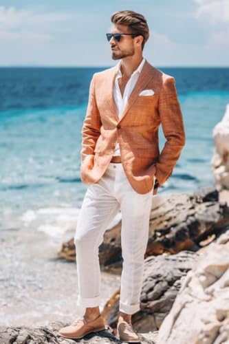 SHUZHXLZANGY Men's 2 Piece Linen Suit for Men Slim Fit Wedding Prom Suits Formal Business Casual4