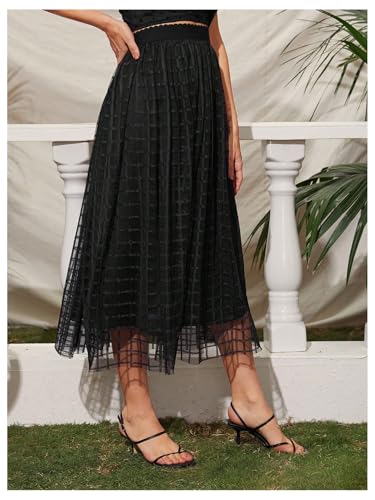 OYOANGLE Women's Plaid Contrast Mesh Flared Skirt Elastic High Waist Flowy Elegant Midi Skirts3