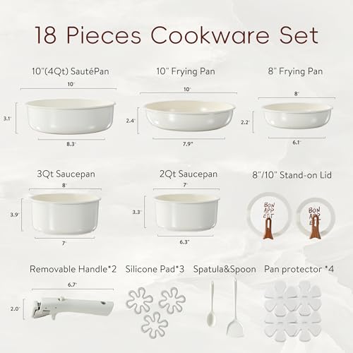 CAROTE 17Pcs Ceramic Cookware Set with Detachable Handle, Pots and Pans Set Non Stick, Non Toxic Kitchen Cooking Sets with Stand-Up Lid, PFAS and PFOA Free, Oven Safe, Induction Ready, Cream White - Image 3