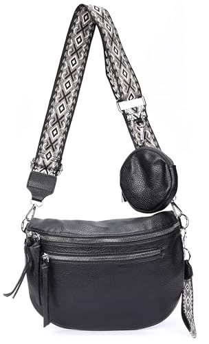 irisaa Umhängetasche Damen Crossbody Bag, 3 in 1 Schultertasche, Bauchtasche mit Reißverschluss und Verstellbarem breitem Gurt, Handtasche für Männer Frauen, DKB Farbe:Schwarz Doppel
