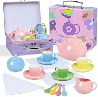 Porcelain Kids Tea Set for Party , Pretend Play Game Toy for Girls ,Kids Real Littles for Tea Time ,22 PCS Tea Toys for Kids