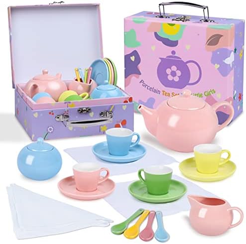 Porcelain Tea Party Set for Little Girls, 22 Pcs Princess Tea Time Toy Including Teapot,Saucers,Teacups,Sugar Bowl,Creamer Pitcher,Spoons & Tablecloth, Kids Kitchen Pretend Play for Girls Boys