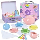 Porcelain Tea Party Set for Little Girls, 22 Pcs Princess Tea Time Toy Including Teapot,Saucers,Teac