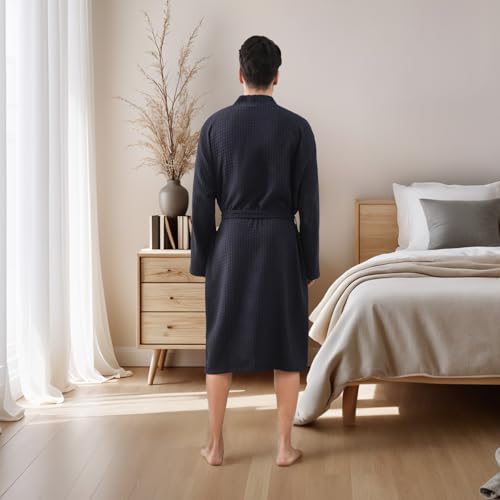 Mens Robes Waffle Lightweight Spa Knit Shawl Hotel Bathrobe Summer Soft Knee Length Sleepwear2