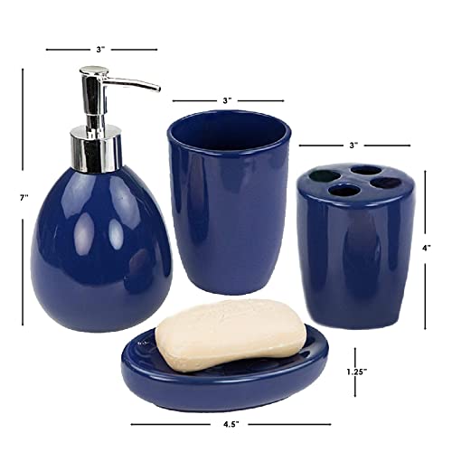 4 Piece Ceramic Bathroom Accessory Set with Soap Pump, Soap Dish, Toothbrush Holder & Tumbler, Navy