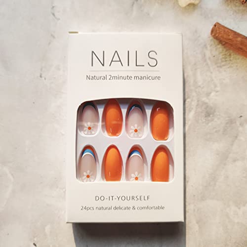 Acrylic Press On Nails French Tip Fake Nails Medium Almond Shape False Nails Cute Orange And Blue Artificial Nails With Simple Flower Design Glossy Stick On Nails For Women And Girls Nail Decoration #TOP3