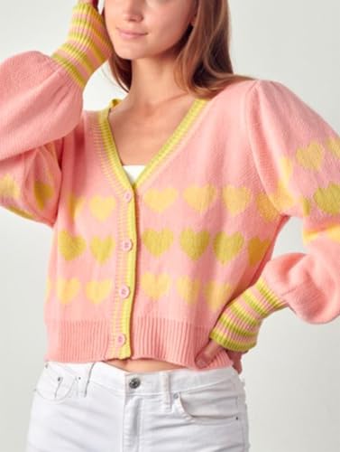 Image of Valentine's Day Cardigan Sweaters for Women Love Heart Print Button Down Cropped Cardigans Y2K Open Front Knit Sweater