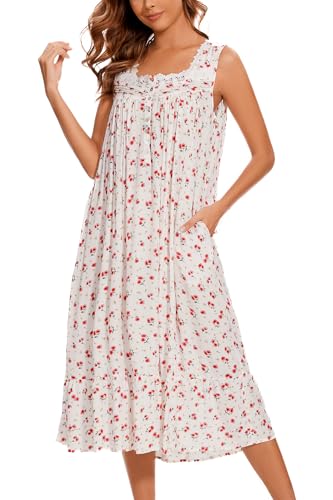 Image of AVIIER Cotton Nightgowns for Women Sleeveless House Dress Ladies Long Nightdress with Pockets S-XXL