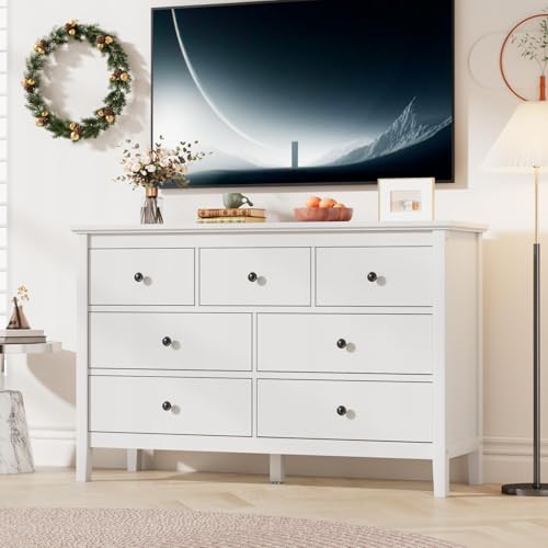 Image of CARPETNAL 47 inch White Dresser for Bedroom with 7 Drawer & Metal Handles