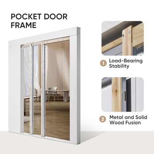Image of 30 inch x 80 inch Sliding Pocket Door Kit, 1 Lite Frosted Glass Pantry Door with Panel and Frame, Interior & Closet Single Finished Door Slab, Interior Sliding Door, White Primed