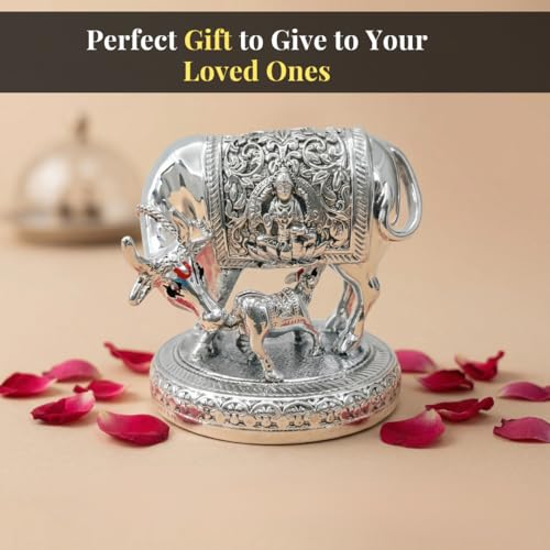 Image of 999 Pure Silver Plated Kamdhenu Cow Idol | 2.5 inch Vastu Home Decor for Pooja Room & Mandir | Symbol of Prosperity & Abundance | Ideal Religious & Spiritual Gift